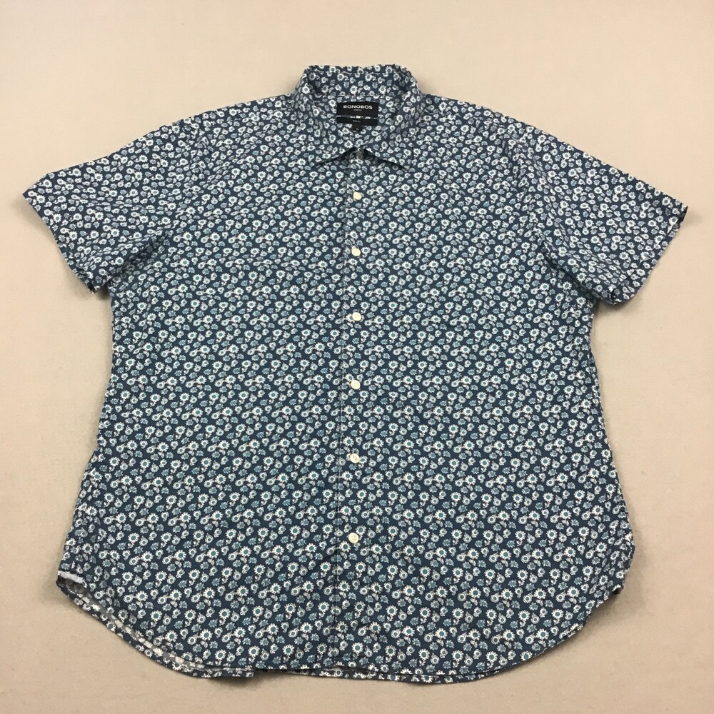 Bonobos Shirt Men Extra Large Blue Floral Stretch Slim Fit Short Sleeve XL